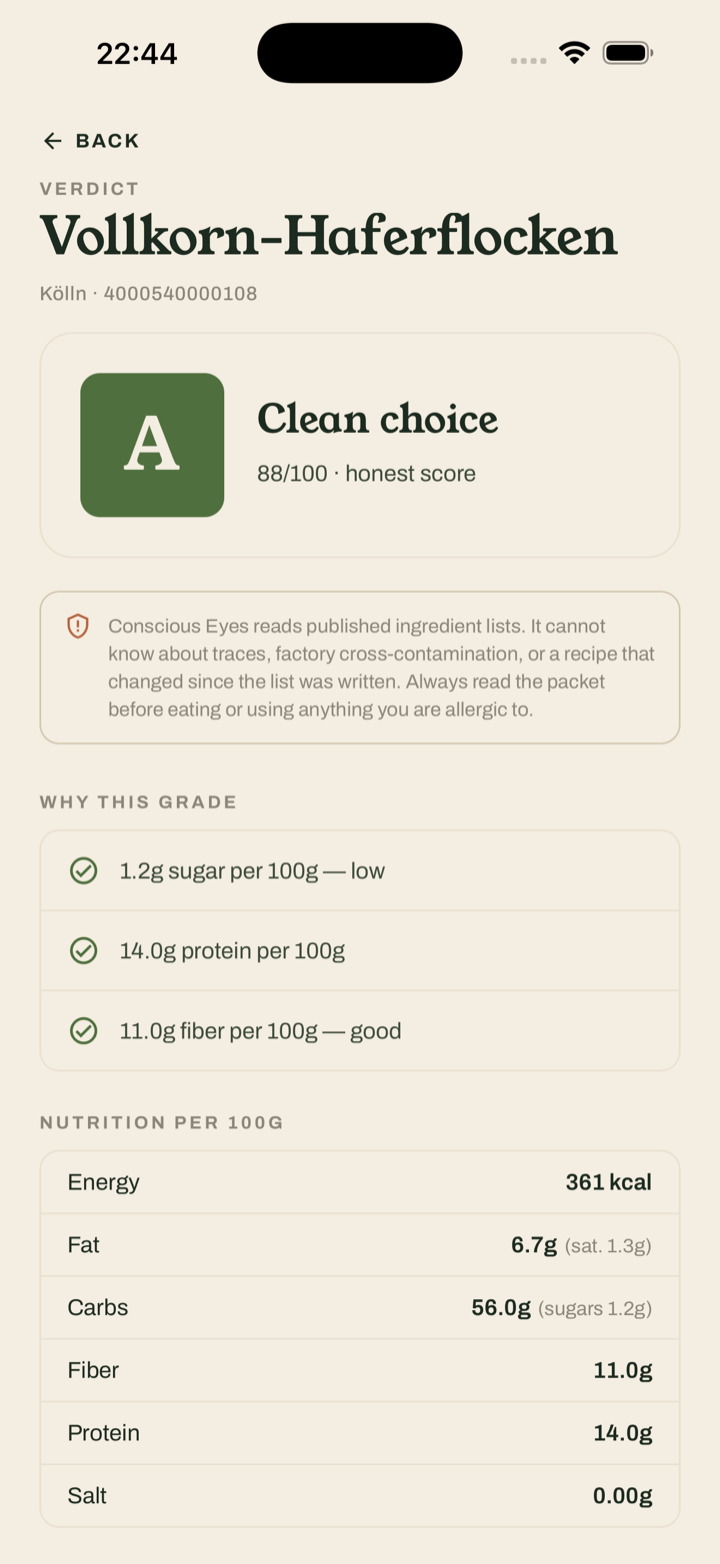 Result screen for Vollkorn-Haferflocken by Kölln: grade A, “Clean choice”, 88 out of 100, with three reasons — low sugar, 14 grams of protein and 11 grams of fiber per 100 grams — above a nutrition table.